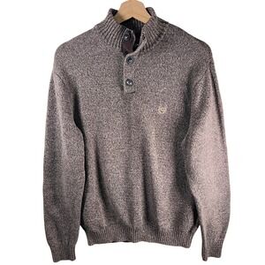 Chaps Mens Mock Neck 1/4 Button Knit Sweater Brown Marled Elbow Patches Size M‎